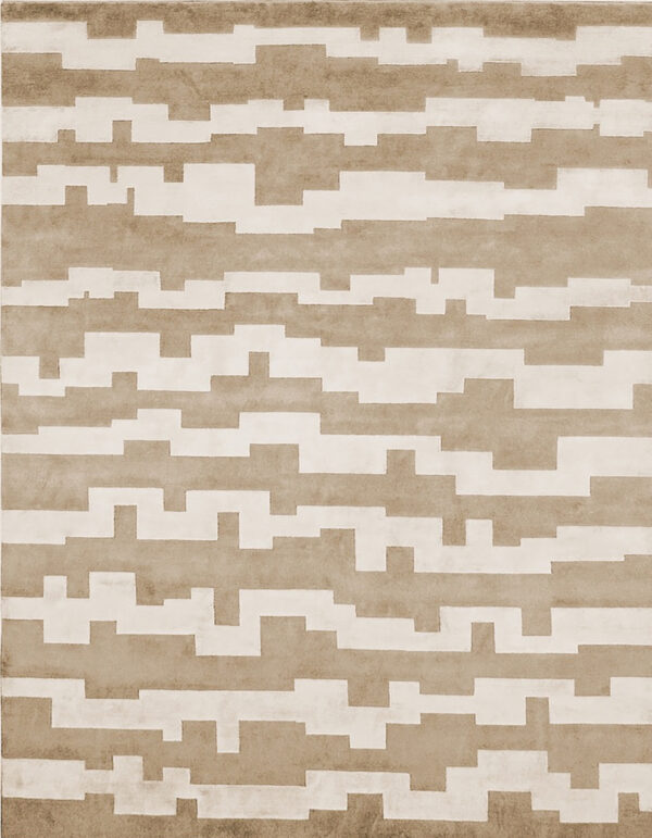 Beige carpet made in wool and silk whose design is made of stripes of irregular shape